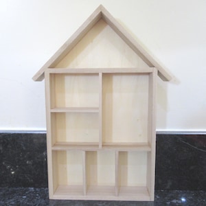 Wood House Shape Display Unit Shadow Box for Dolls House Miniatures Thimbles Small Ornaments Lego Figures