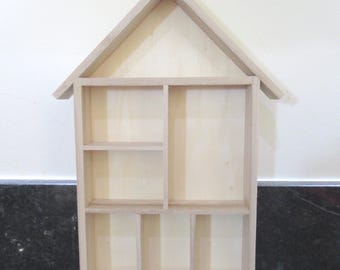 Wood House Shape Display Unit Shadow Box for Dolls House Miniatures Thimbles Small Ornaments Lego Figures