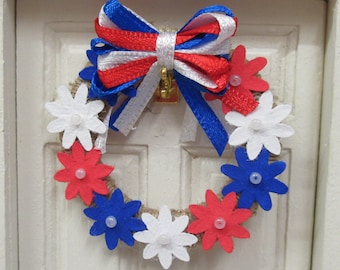 Dollhouse Wreath 4th July Red Blue and White Miniature Door Decoration 1:12 Scale