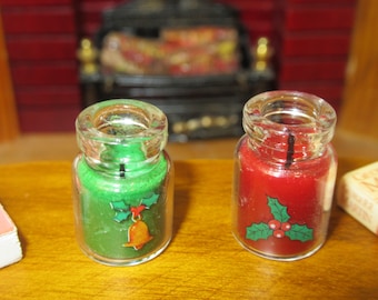 Miniature Candle Filled Glass Jar Red or Green 1:12 Scale Dolls House Christmas Decoration