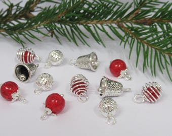 Dolls House Christmas Tree Decorations 12 Red & Silver Miniature Baubles and Bells 1:12th Scale