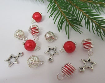 Miniature Tree Decorations 12 Red & Silver Baubles and Stars Dolls House Christmas Ornaments 1:12th Scale