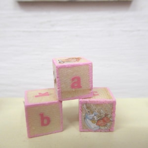 Dolls House Toy Letter Blocks Peter Rabbit Theme Nursery or Children&#39;s Bedroom Set of 3 Pink Miniature Accessory 1:12 Scale