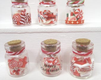 Dolls House Candy Cane Decorated Glass Jar Filled with Miniature Christmas Sweet Treats 1:12th Scale