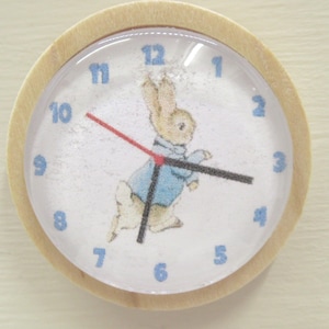 Dolls House Nursery Clock in a Wooden Frame Peter Rabbit Theme Miniature Nursery Wall Decor 1:12th Scale