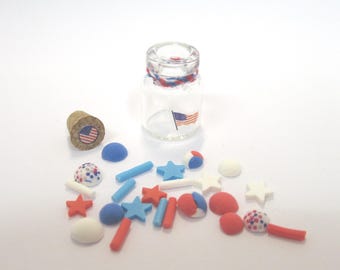 Dollhouse 4th July Candy in a Decorated Glass Jar Miniature Accessory 1:12th Scale