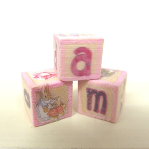 Dolls House Nursery Toy Letter Blocks Peter Rabbit Pink Miniature Accessory Set of 3 1:12 Scale