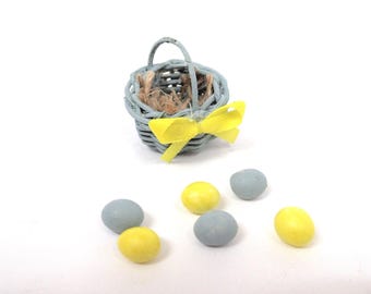 Dolls House Easter Basket and 6 Hand Painted Coloured Miniature Eggs 1:12th Scale