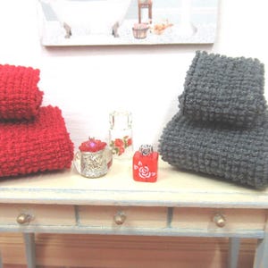 Dolls House Towels 4 Grey & Red with Miniature Bath Salts and Ornament Jars 1:12th Scale Bathroom
