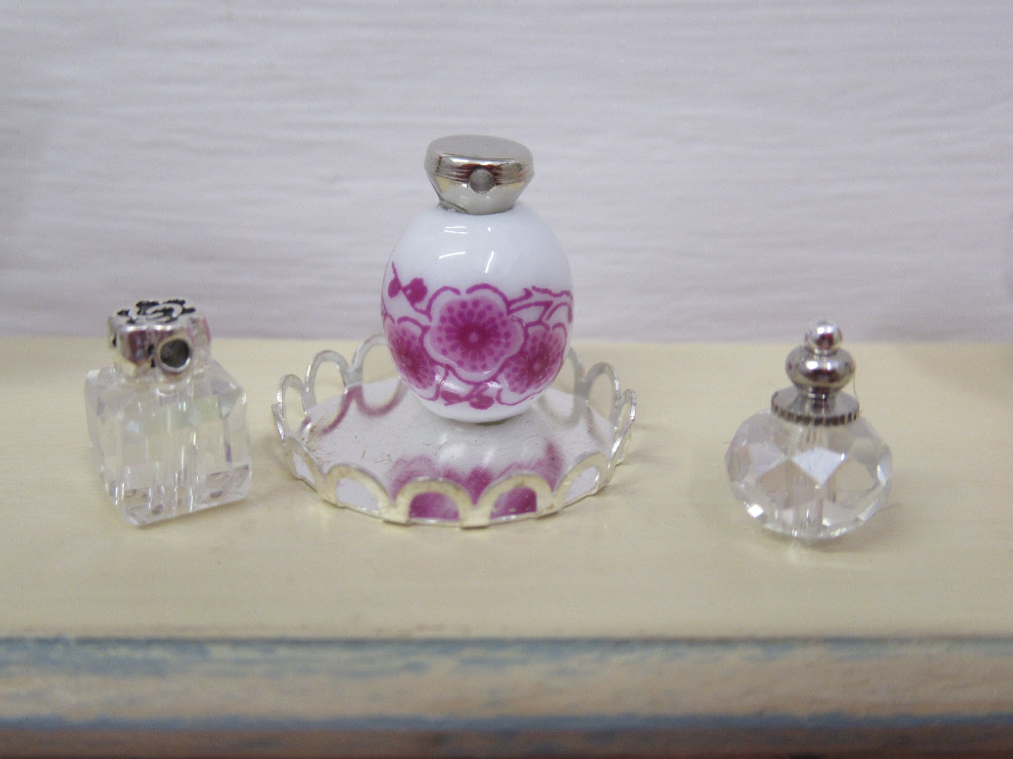 Dolls House Perfume Bottles on a Silver Coloured Tray 