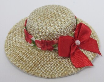 Dolls House Hat Red Floral Ribbon and Satin Bow Miniature Clothes Accessory 1:12 Scale