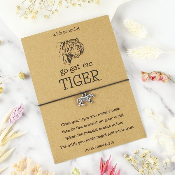 Go Get 'em Tiger Wish Bracelet, Friendship Bracelet, Charm Bracelet, Cord Bracelet, Tiger Jewellery, String Bracelet, Cute Motivational Gift