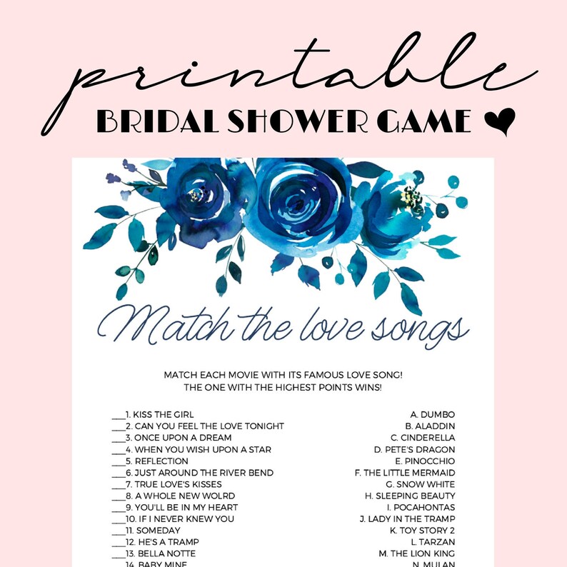 Bridal Shower Game download Blue Bridal Shower Game Disney Love Songs Bridal Shower Game Wedding Game Bridal Shower Instant Download