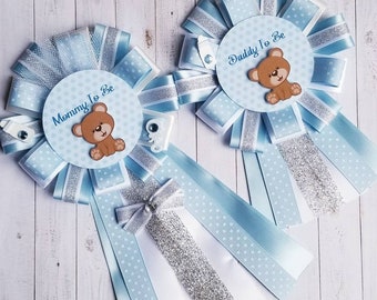 Teddy Bear Baby Shower Corsage, It&#39;s A Boy, Blue, Teddy Bear Theme Baby Shower, Blue and Silver Colorway