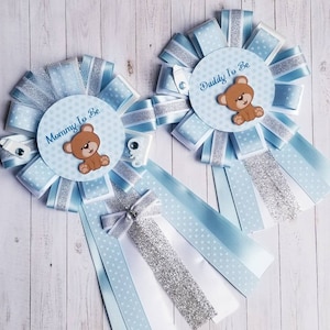 Teddy Bear Baby Shower Corsage, It&#39;s A Boy, Blue, Teddy Bear Theme Baby Shower, Blue and Silver Colorway