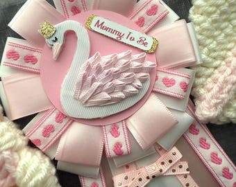 Swan Theme Baby Shower Corsage, Swan Baby Shower, It&#39;s A Girl Baby Shower, Pink and Gold Baby Shower Corsage