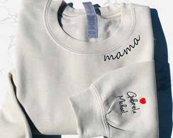 Personalized First Mother's Day Sweatshirt, Custom Embroidered Mama Neckline Pullover with Kids Names on Sleeve, New Mom Gift for Her