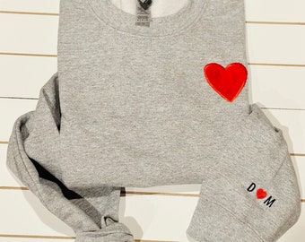 Valentines Sweatshirt with Initial on Sleeve Embroidered Heart Sweatshirt Valentine Gift Valentine Sweatshirt Womens Couple Matching