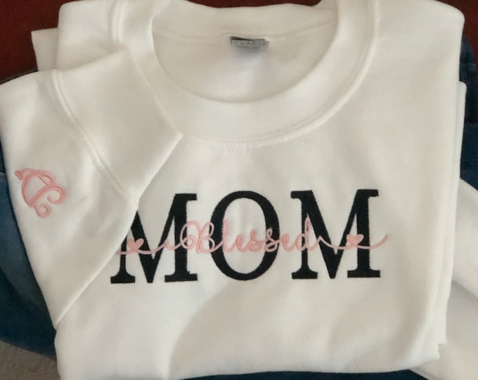 Custom Mom Embroidered Sweatshirt, Initial On Sleeve, Personalized Gift for Mom, Wife Shirt, Future Mom Hoodie, Pregnancy Gift, Mom To Be