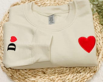 Embroidered Valentines Sweatshirt with Initial on Sleeve Valentines Day Sweatshirt Valentine Girlfriend Gift Sweater Women Couple Matching