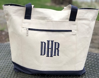 Canvas Tote Personalized Boat Tote Monogrammed Tote Bags Teacher Gifts, Bridal Party Gifts, Bridesmaid Gifts Zipper Bag