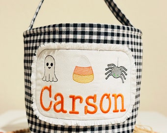 Embroidered Kids Halloween Basket with Personalization makes an excellent Halloween Tote Bag for the Spooky Trick or Treat Fall Season