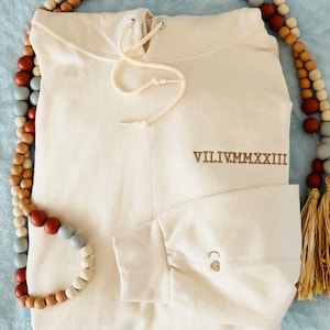 Custom Date Embroidered Roman Numeral Hoodie Couples Gift Personalized with Initial Sleeve Engagement Anniversary Bachelorette&#39;s Wedding