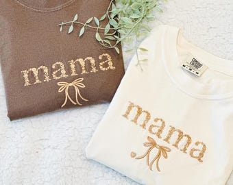MAMA Neutral Embroidered Shirt with Coquette Bow