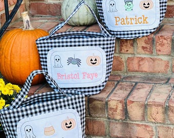 Personalized Embroidered Halloween Basket, Monogrammed Fall Tote Bag for Trick or Treat, Halloween Candy Tote, Gingham Tote Pumpkin Patch