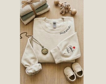 Personalized First Mother's Day Sweatshirt, Custom Embroidered Mama Neckline Pullover with Kids Names on Sleeve, New Mom Gift for Her