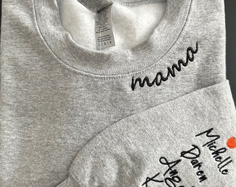 Personalized Embroidered Neck Mama Sweatshirt with Kids names on Sleeve | Gift for Mom Grandma | Custom Crewneck