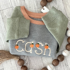 May include: A gray sweatshirt with a peach colored collar and green sleeves. The sweatshirt has the name "Cash" embroidered on the front in white with small orange pumpkins on each letter.