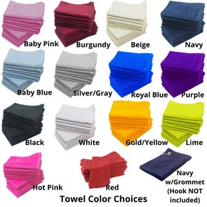 Puede incluir: Un gr&aacute;fico que muestra 14 colores diferentes de toallas. Los colores son: rosa beb&eacute;, burdeos, beige, azul marino, azul beb&eacute;, plata/gris, azul real, morado, negro, blanco, dorado/amarillo, lima, rosa intenso y rojo. El gr&aacute;fico tambi&eacute;n incluye una toalla azul marino con un ojal y el texto "Azul marino con ojal (gancho NO incluido)".