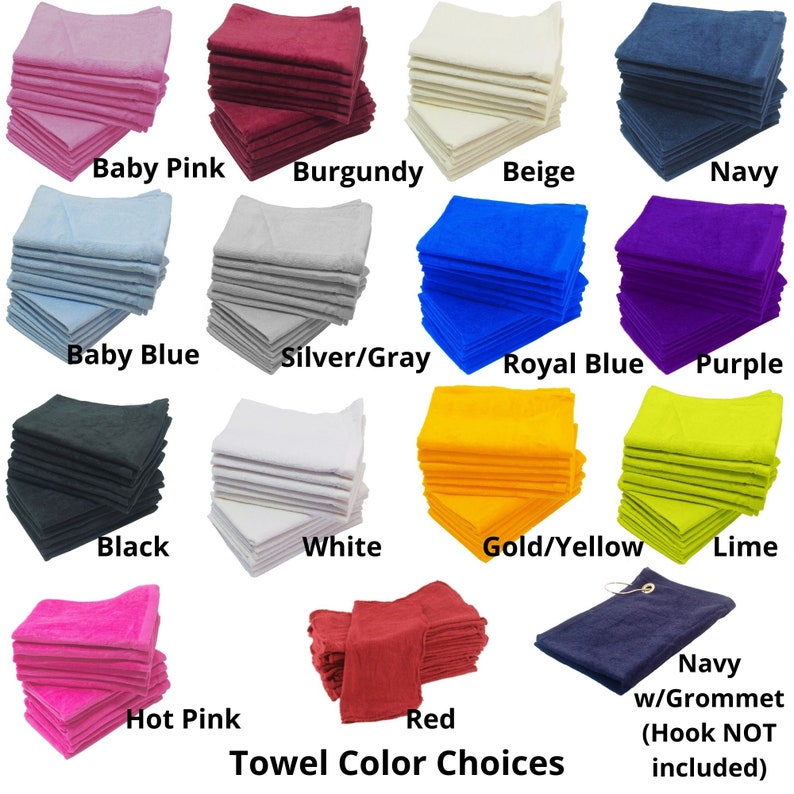 Puede incluir: Un gr&aacute;fico que muestra 14 colores diferentes de toallas. Los colores son: rosa beb&eacute;, burdeos, beige, azul marino, azul beb&eacute;, plata/gris, azul real, morado, negro, blanco, dorado/amarillo, lima, rosa intenso y rojo. El gr&aacute;fico tambi&eacute;n incluye una toalla azul marino con un ojal y el texto "Azul marino con ojal (gancho NO incluido)".