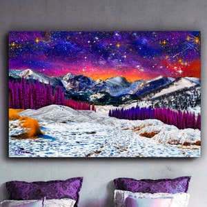 Mountain Landscape Starry Night Sky Sunset Art Metal Prints,Colorado Snow Rocky Mountains Art Print,Purple Wall Decor,Starry Sky Mountains Metal Print 24x30 inches