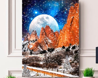 Full Moon Rise Garden of the Gods Metal Print,Mountains Metal Print,Full Moon Stars Snow Scene,Rocky Mountain Decor,Metal Print,Colorado Art