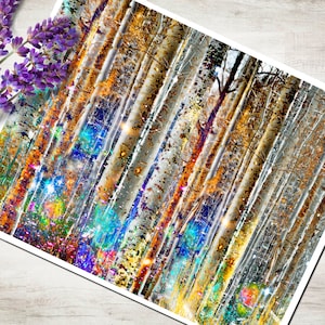 Abstract forest wall art Aspen Tree print Vivid wall decor Colorful forest Surreal Modern art Living room decor Abstract tree metal wall art image 1