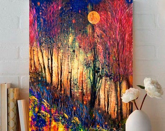 Pink Trees Giclee Print: Colorful Abstract Landscape, Full Moon Art