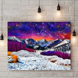 Mountain Landscape Starry Night Sky Sunset Art Metal Prints,Colorado Snow Rocky Mountains Art Print,Purple Wall Decor,Starry Sky Mountains Metal Print 16 x 20 inches