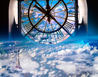 Surreal Collage Art,Paris Clock Musee D'orsay,Paris Photography Eiffel Tower,Paris Decor,Metal Print,Blue Surreal Art,Clock in Clouds Sky