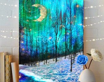 Boho Landscape,Tree Silhouette Art,Modern Landscape Design-Cool Colors-Aqua,White,Blue-Winter Landscape,Northern Lights,Moon,Stars,Trees