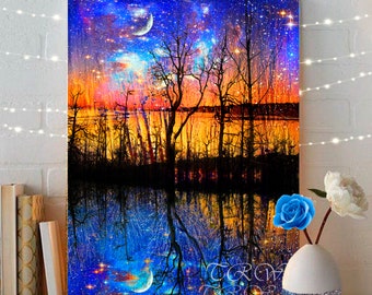Surreal Landscape,Colorado Art,Colorful Abstract Landscape,Giclee Prints,Celestial Fantasy Art,Moon Tree Stars Sunset Art,Large Metal Prints