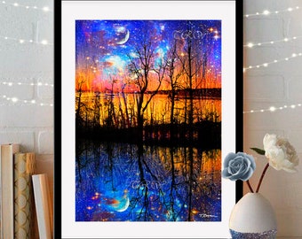 Fantasy Landscape Giclée Print: Celestial Moon Art, Forest Reflection