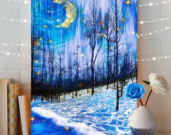 May include: A painting of a moonlit forest scene with a crescent moon in the sky. The trees are bare and the ground is covered in snow. The sky is a deep blue with stars scattered throughout. The painting has a dreamy and ethereal feel.