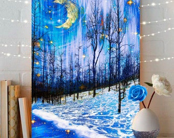 Blue Abstract Forest Art Print of Fantasy Forest Tree Giclee Print Vivid Wall Decor Colorful Woodland Art Moon Abstract Tree Metal Wall Art