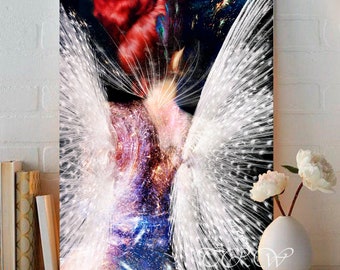 Fairy Art Print: Red-Haired Angel with White Wings, Metal or Fine Art