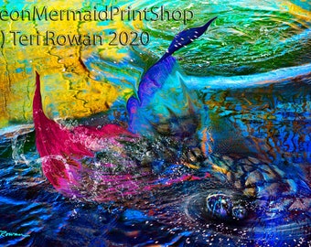 Mermaid Print,Mermaid Art,Rainbow Blue Mermaid,Metal Print,Fantasy Art,Mermaid Painting,Bedroom Art,Fairytale Art,Mermaid Tail,Mermaid Decor