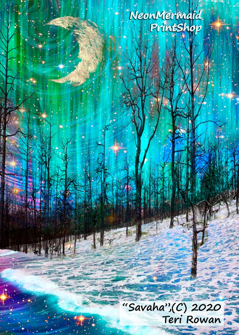 May include: A digital painting of a snowy forest with a crescent moon and aurora borealis in the sky. The text "Savaha" (C) 2020 Teri Rowan is at the bottom of the image.