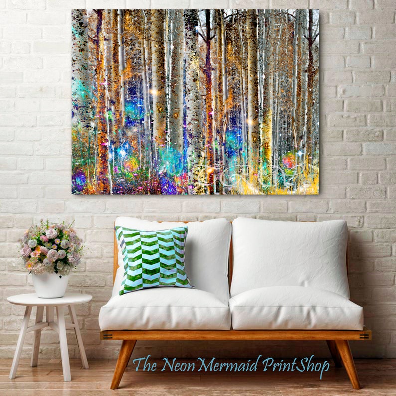 Abstract forest wall art Aspen Tree print Vivid wall decor Colorful forest Surreal Modern art Living room decor Abstract tree metal wall art image 6