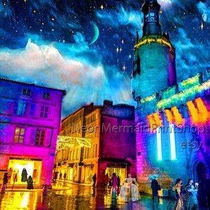 May include: A digital painting of a European city street at night with a tall tower in the background. The street is lit with colorful lights and there are people walking around. The sky is dark blue with stars and a crescent moon.